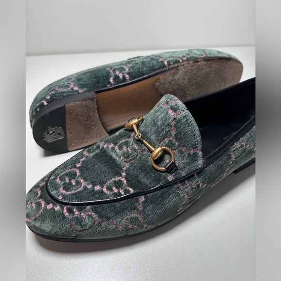 GUCCI Authentic GG Velvet Embossed Slip On Horsebit Loafers Size 39 Green Pink - Picture 12 of 15